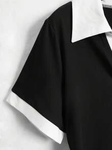 GlowEve CURVE Plus Size Collared Waist Cinching Short Sleeve Shirt, 2 Pieces Set - Black - View 3