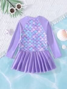 SHEIN THE HAPPY LOOK 少女魚鱗印花插肩袖長袖拉鍊設計休閒連身泳衣 - 紫色 - 查看 2