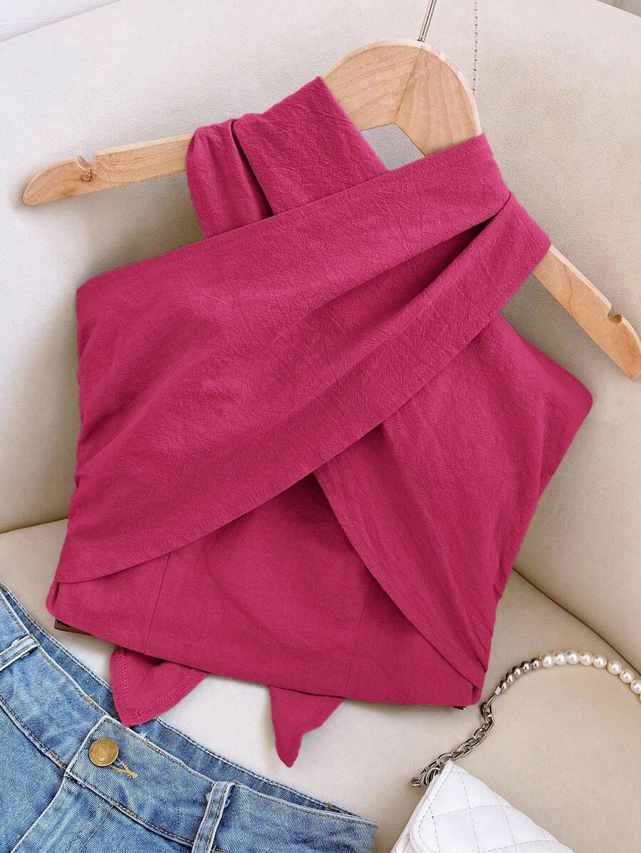 Travachic Women's Solid Color Halter Neck Backless Pleated Top Summer - Rose Red - View 1