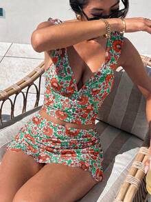 Swim Lushoire Women's Summer Outfit, Ruffle Sexy Tropical Boho Jamican Beach Vacation Tank Top Camisole Bikini Swimwear 3 Pieces Set All White Flower - Multicolor - View 4