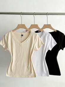 SHEIN EZwear 3件組女款夏季V領修身T恤，龐克次文化動漫風素色基本款短袖修身T恤 - 彩色 - 查看 3