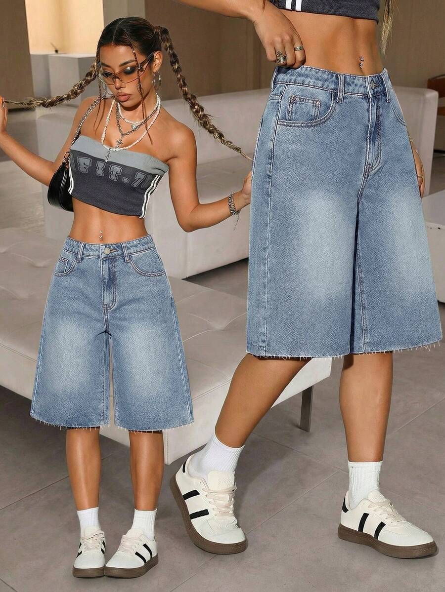 Teen Girls Blue Denim Loose Capri Pants - Light Wash - View 1