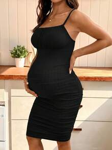 SHEIN Maternity Ribbed Solid Color Ruched Fitted Camisole Dress Photoshoot Black Summer Maternity Casual - Black - View 9