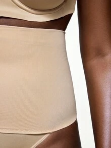 SHEIN 女士纯色无缝高腰塑形丁字裤 - 米色 - 查看 5