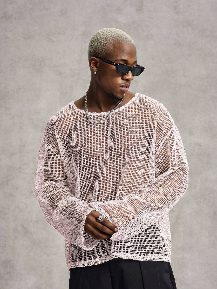 PAVTROS Men's Round Neck Long Sleeve Knitted Mesh T-Shirt, Suitable For Spring/Summer Casual Daily Life, Travel And Vacation Wear - Pink - View 1