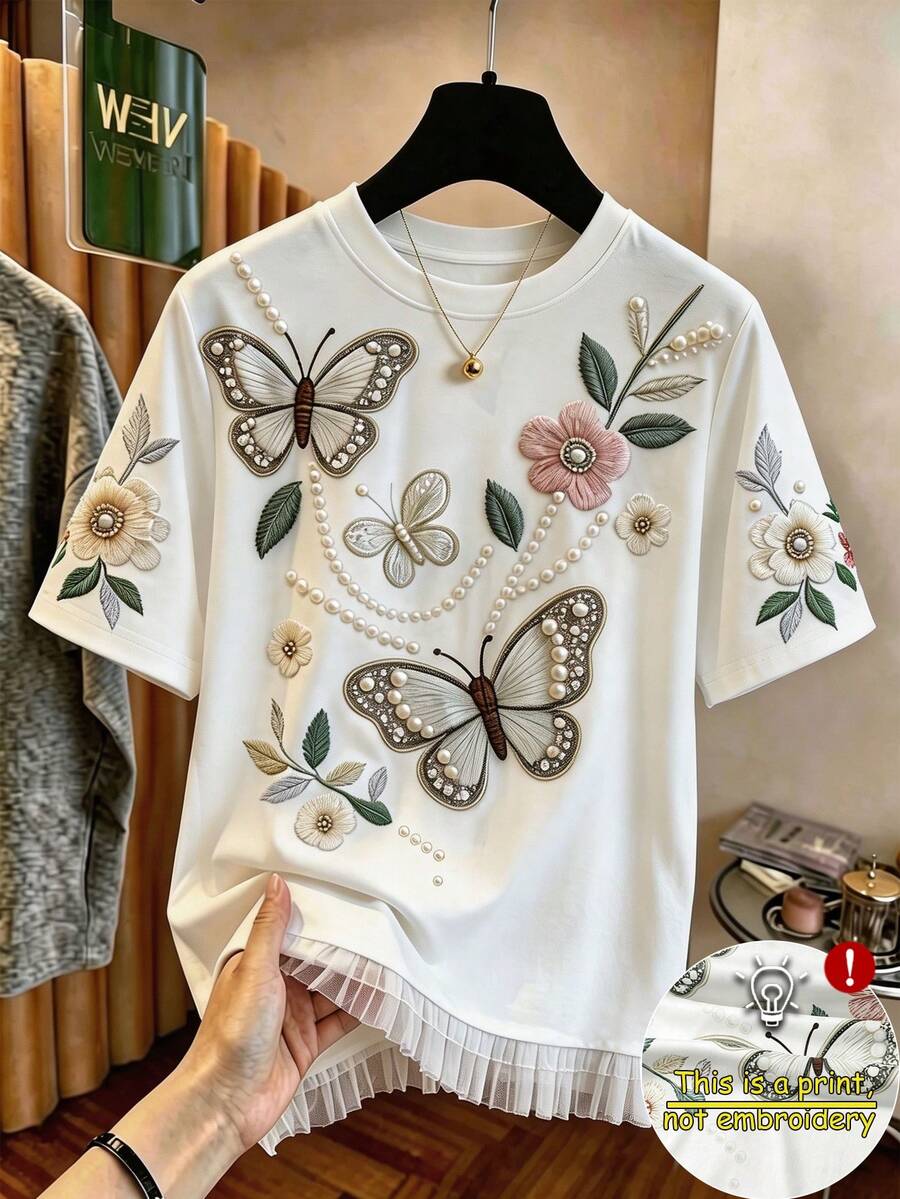 Resyla 女士时尚蝴蝶印花流苏下摆T恤,百搭夏季上衣,时尚设计,适合街拍、约会、节日等场合。 - 彩色 - 查看 1