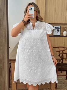 SHEIN CURVE+ Vestido asimétrico con volantes en las mangas para mujer de talla grande, vestido de invitada de boda de otoño, vestido casual de negocios, vestido de trabajo para mujer, vestido de negocios - Blanco - Ver 7