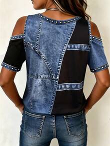 EMERY ROSE Women's Spring/Summer American Retro Rivet Open Shoulder Minimalist Fashion Personalized Denim Effect Patchwork V-Neck Short Sleeve Design Rivet Open Shoulder V-Neck T-Shirt - Multicolor - View 2