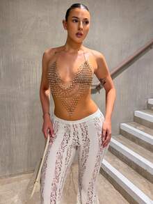hollyjadebate Women's Rhinestone Fishnet Spaghetti Strap Halter Top, Sparkling Rhinestone Embellished, Suitable For Bar, Party, Club Summer - Champagne - View 1