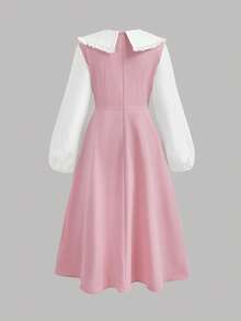 SHEIN Tween Girl 粉色與白色拼色中長洋裝，附蝴蝶結 - 粉色 - 查看 2