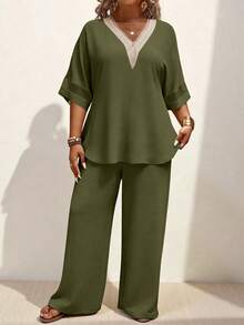 EMERY ROSE Summer Women's Olive Green Solid Guipure Lace Mesh Sleeve Top And Pants Two Piece Set,Boho Vacation Linen Outfit, Al-Adha Casual Coords - Green - View 4