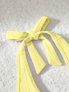 SHEIN MOD Neck Tie Front Ruched Knit Jacquard Pink Swimsuit Top - Yellow - View 3