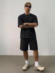 DAZY Summer Solid Black Regular Fit Men's T-Shirt Set - Black - View 7