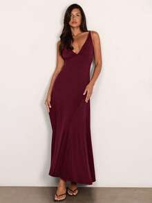 COSMINA Women's Elegant V-Neck Long Spaghetti Strap Dress Vacation Red Wine Summer - Burgundy - View 1