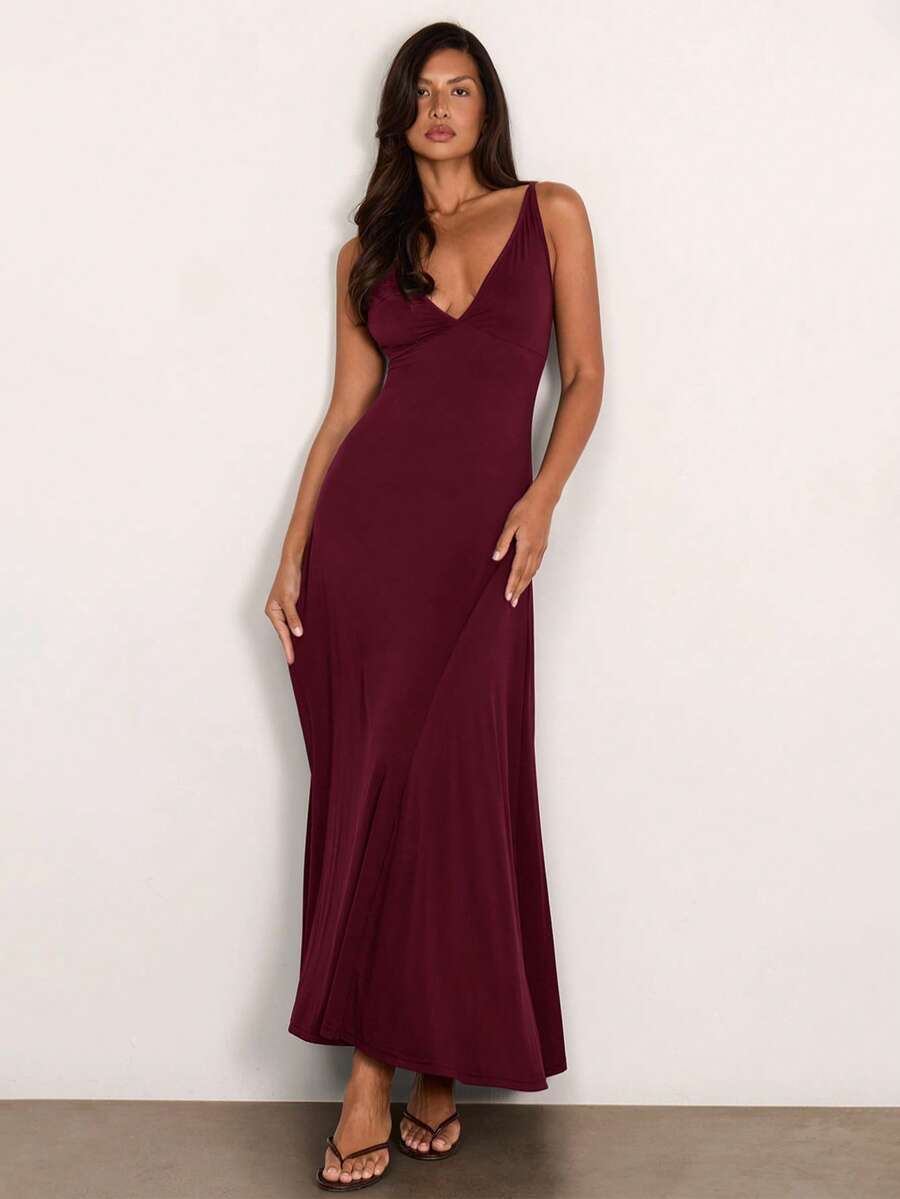 COSMINA Women's Elegant V-Neck Long Spaghetti Strap Dress Vacation Red Wine Summer - Burgundy - View 1