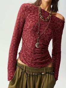 Bohemela Casual Boho Solid Color Knit Short Sleeve Women's Top Everyday Burgundy Autumn - Burgundy - View 2