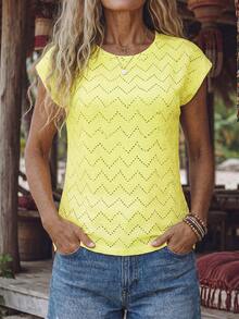 EMERY ROSE Summer Casual Solid Color Textured Wide Shoulder T-Shirt Travel Soft Yellow - Yellow - View 2