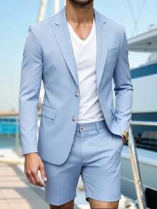 VENTUSAIL Conjunto de 2 piezas de traje y pantalones cortos azul claro para hombre, primavera/verano, boda, ceremonia, formal - Azul - Ver 1