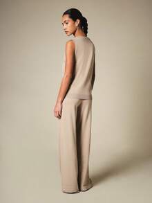 KSTM Sleeveless Knit Co-Ord Set With Crew Neck Top And Wide-Leg Palazzo Trousers For Spring Summer - Khaki - View 2