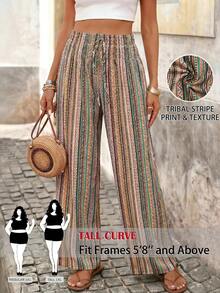 SHEIN Tall CURVE 大码女式休闲沙滩度假风拼接印花系带高腰宽松阔腿裤 - 彩色 - 查看 12