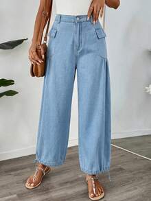 SHEIN LUNE Jeans Jogger Casuales Diarios con Bolsillo de Solapa para Mujer - Azul - Ver 3