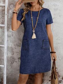 EMERY ROSE EMERY ROSE Spring/Summer Women's Minimalist Round Neck Washed Denim Dress Dresses For Women Summer - Dark Wash - View 7