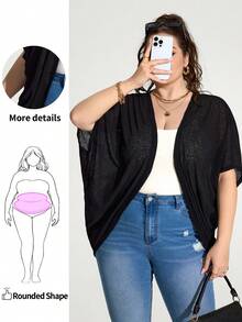 Enliva Jolene.Mendez Plus Size Vacation Solid Color Asymmetric Hem Batwing Sleeve Casual Jacket,Spring/Summer, For Apple Rounded Body Shape - Black - View 1