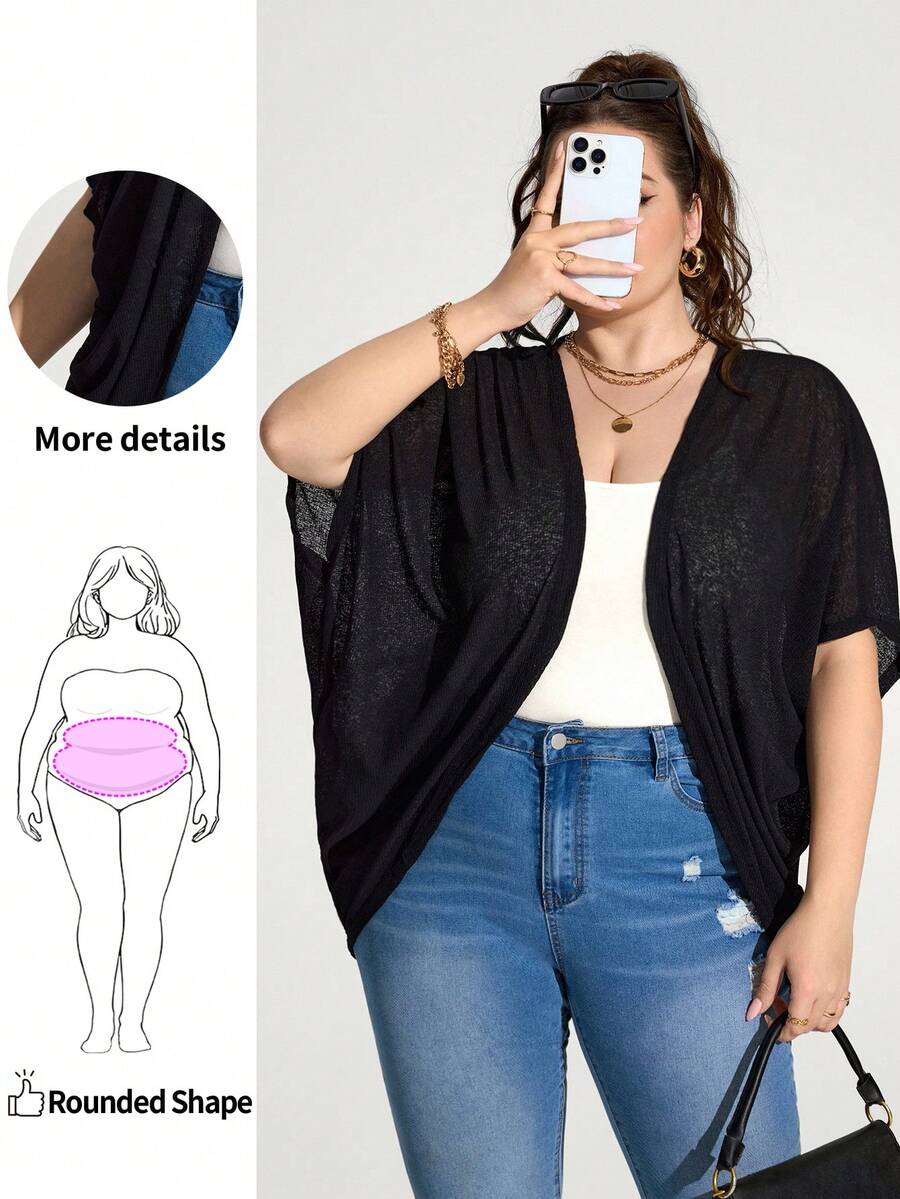 Enliva Jolene.Mendez Plus Size Vacation Solid Color Asymmetric Hem Batwing Sleeve Casual Jacket,Spring/Summer, For Apple Rounded Body Shape - Black - View 1