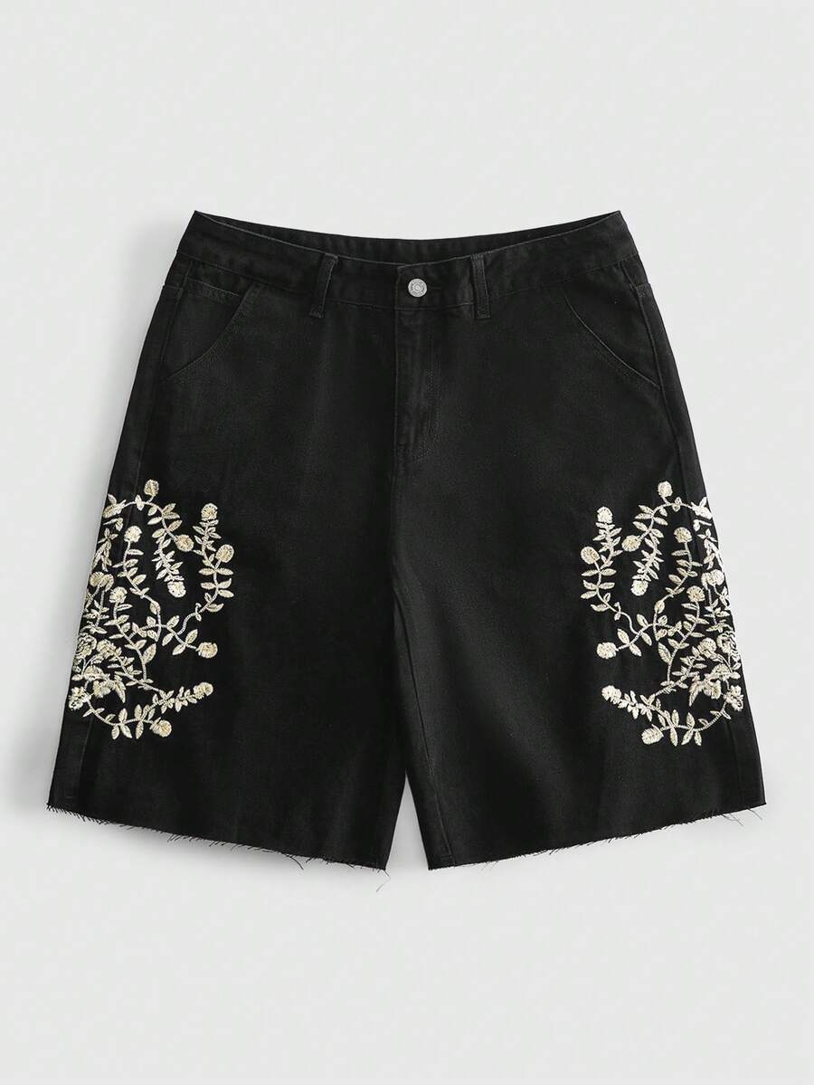ROMWE MEN Men's Floral Embroidered Pattern Loose Denim Shorts - Black - View 1