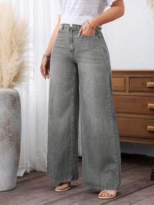 EMERY ROSE Plus Size Women's Pocket Button Casual Versatile Daily Outing Wide Leg Jeans - Grey - View 6