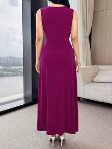 Feyla Waist Pleated Metal Buckle Waist-Defining Elegant Elegant Party Commute Versatile Dress - Red Violet - View 6