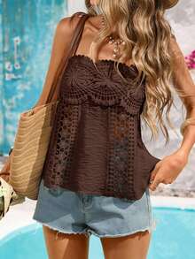 Vivid Eden Women's Vacation Contrast Lace Fashion Elegant Camisole Tank Top Beach Coffee Brown Summer - Brown - View 5