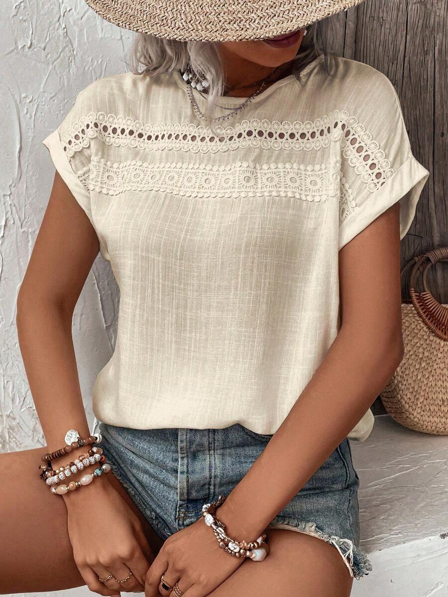 Breezaya Vacation Casual Solid Color Lace Patchwork Shirt
