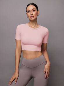 Activina Women's Solid Color Back Cutout Design Short Sleeve Sports T-Shirt - Pink - View 3