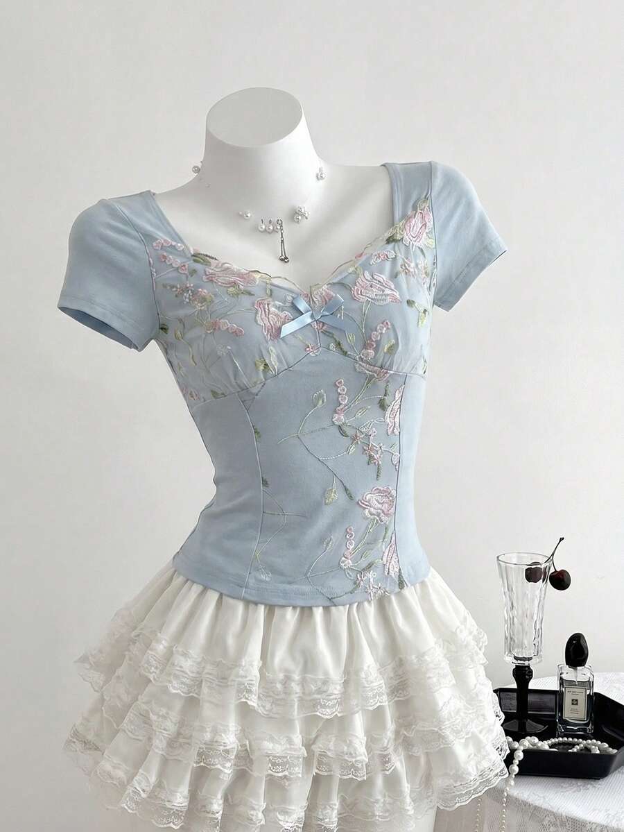 Elamini 黄色撞色荷叶边拼接心形领口收腰短袖女式连衣裙，春夏款，优雅浪漫复古可爱休闲百搭 - 藍色 - 查看 1