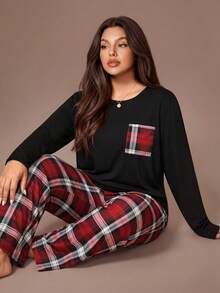 Lazeform Ensemble pyjama grande taille avec Top col rond à poche à carreaux et pantalon à imprimé carreaux. Détails confortables et élégants, vêtements d'automne et d'hiver - Noir - Voir 1