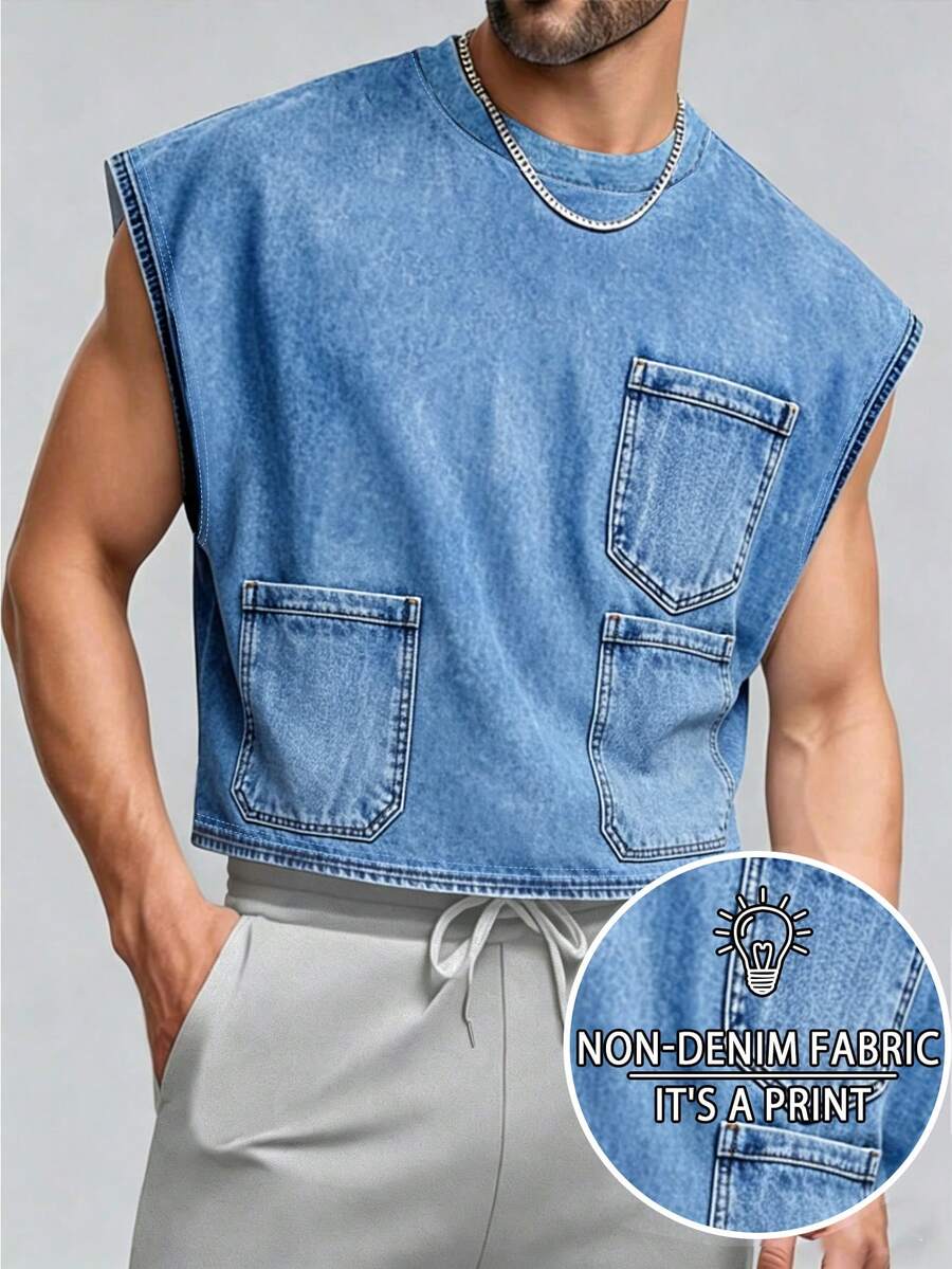 Manfinity Dauomo 夏季休闲无袖上衣,男士透气背心,牛仔印花图案设计,优雅百搭,适合日常穿着、户外运动。 - 彩色 - View 1