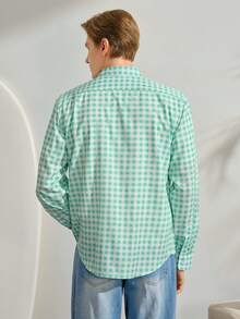 VeloEdit Men Casual Vacation Plaid Small Icon Front Single-Breasted Comfortable Long Sleeve Fashion Shirt & Patched & Embroidery, Old Money & Boyfriend - Mint Green - View 3