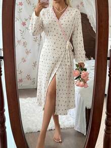 CottageSlumber Ditsy Floral Frill Trim Kimono Style Tie Front Robe - Apricot - View 5