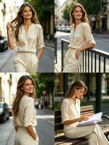 Balvessa Women's Sleeveless Stand Collar Faux Linen Vest, Commuter Versatile Slimming Top - Apricot - View 8