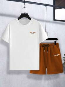 Manfinity Roughcore Men's Wing Print Crew Neck Short Sleeve T-Shirt And Drawstring Waist Shorts Casual Set - Multicolor - View 2