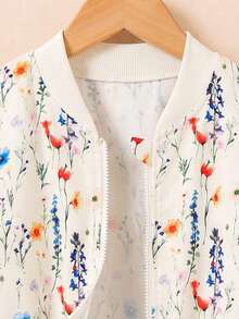 Tween Girl Floral Print Long Sleeve Zipper Front Baseball Jacket - Apricot - View 5