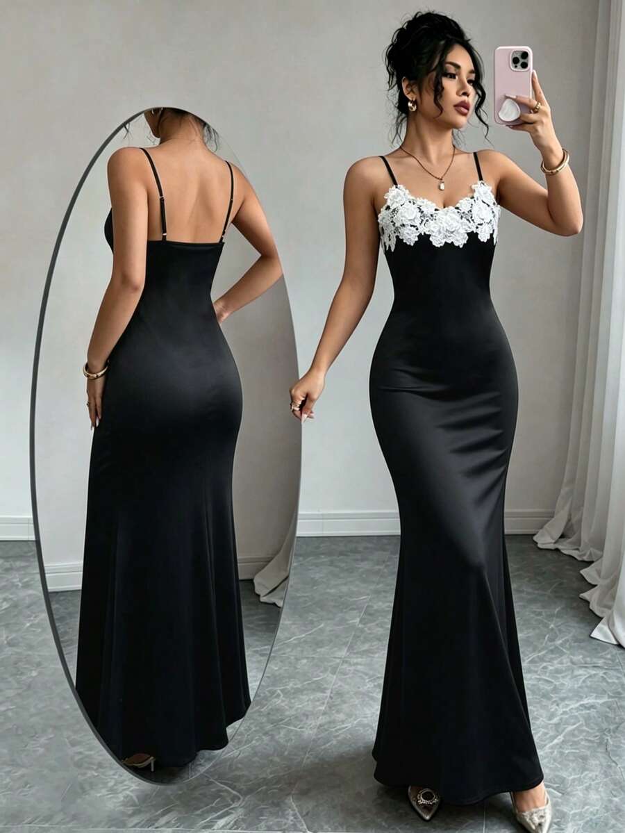 Elenzga Women's Lace Patchwork Design Elegant Bodycon Dress - Black - View 1