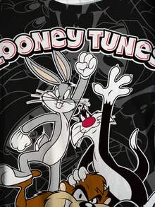 LOONEY TUNES X SHEIN تي شيرت بطبعة كاملة بياقة مستديرة وأكمام قصيرة مقاس كبير بتصميم بسيط - أبيض - مشاهدة 5