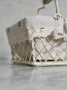 Haus Hana 1PC Rustic Farmhouse Wire Storage Basket With Handle Metal Iron Frame With Floral Linen Liner Lace Bow Decor Removable Lining Multi-Purpose Organizer Bin For Sundries Snacks Cosmetics Ideal For Home Kitchen Bathroom Picnic Perfect Gift - Multicolor - View 5