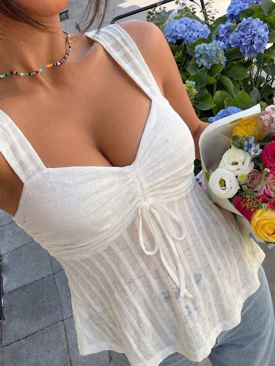 SHEIN EZwear 大尺碼女款素色百褶休閒百搭日常上衣 - 黑與白 - 查看 1