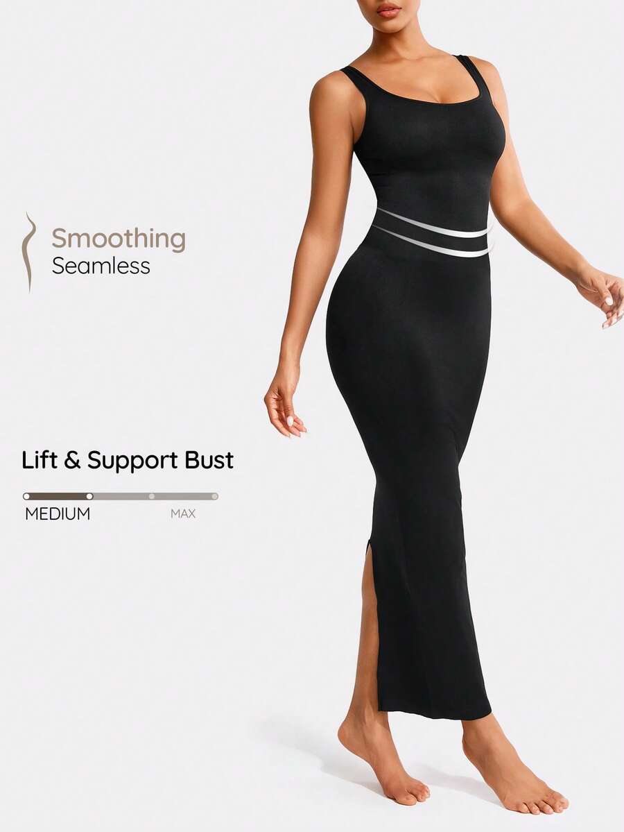 SHAPORA Ladies' Solid Color Slim Fit Sleeveless Bodycon Dress With Back Slit - Black - View 1