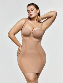 SHAPORA Vestido Modelador Sem Costura com Abertura Frontal Plus Size, Ajuste Slim, Controle Abdominal, Barriga Plana, Alta Elasticidade, Macio e Confortável, Uso Diário Não Restritivo - Damasco - Visão 3