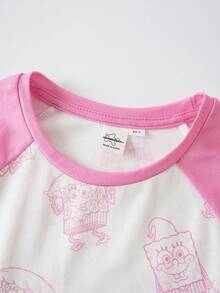 SpongeBob SquarePants | SHEIN Vestido casual de uso diario y para dormir para niña preadolescente, cuello redondo, estampado de dibujos animados, bloques de color - Rosa - Ver 3