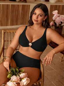 Swim Vcay Plus Size Women's Solid Color Accessory Strap Minimalist Tankini Top With Ruched Triangle Bottoms, Casual Vacation Swimwear Set - Black - View 4